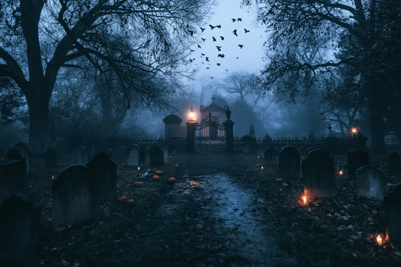 Wide view of an abandoned victorian cemetery at night with muddy path, tombstones, fog, and flickering lanterns