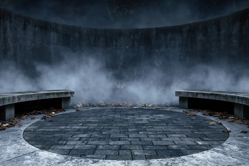 Circular stone courtyard at night with fog and two benches, surrounded by weathered walls and scattered leaves