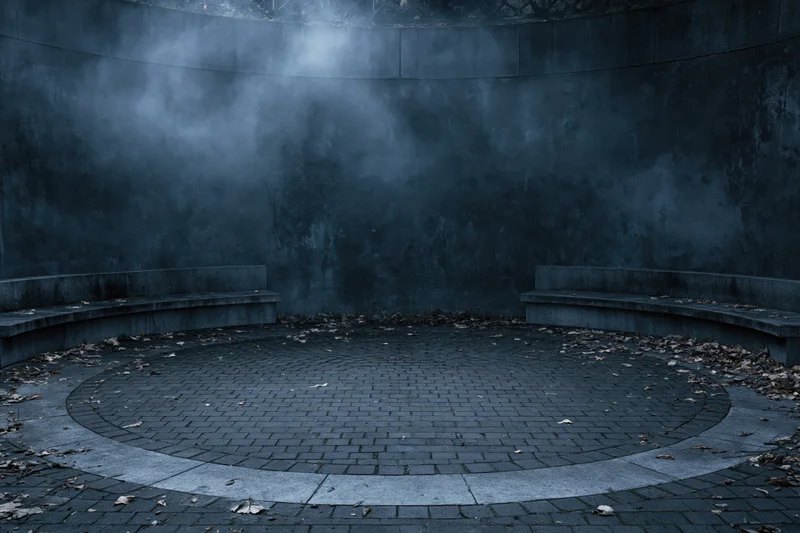 Circular stone courtyard at night with fog and scattered leaves, surrounded by weathered walls and benches