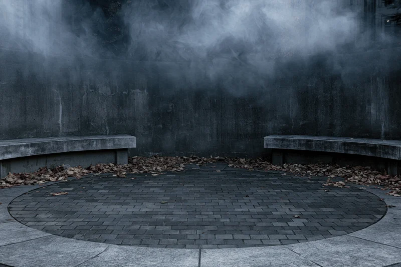 Circular stone courtyard at night with smoke rising between two benches, surrounded by fallen leaves and a weathered concrete wall
