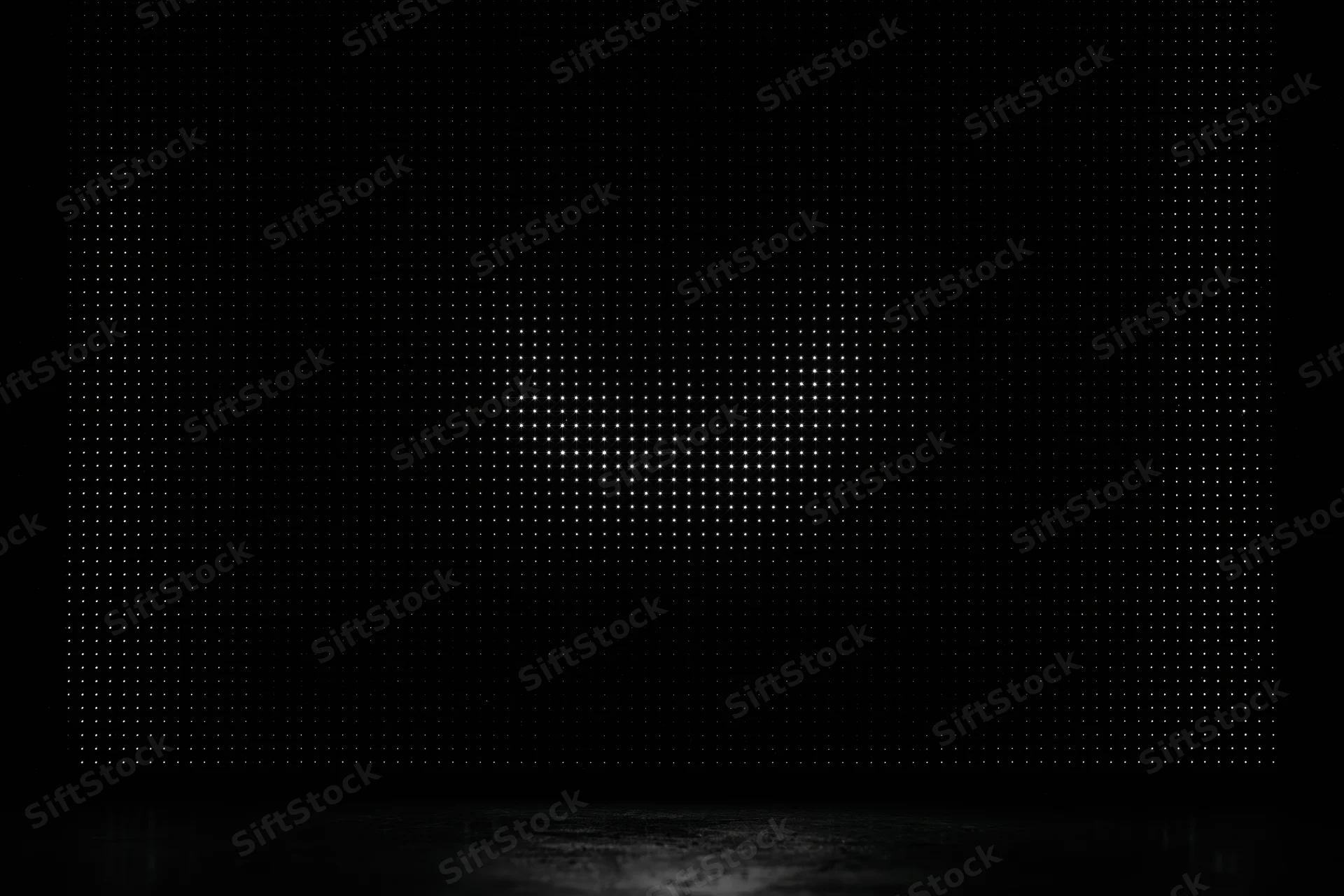 Glowing led dot matrix display panel in dark studio space with reflective floor