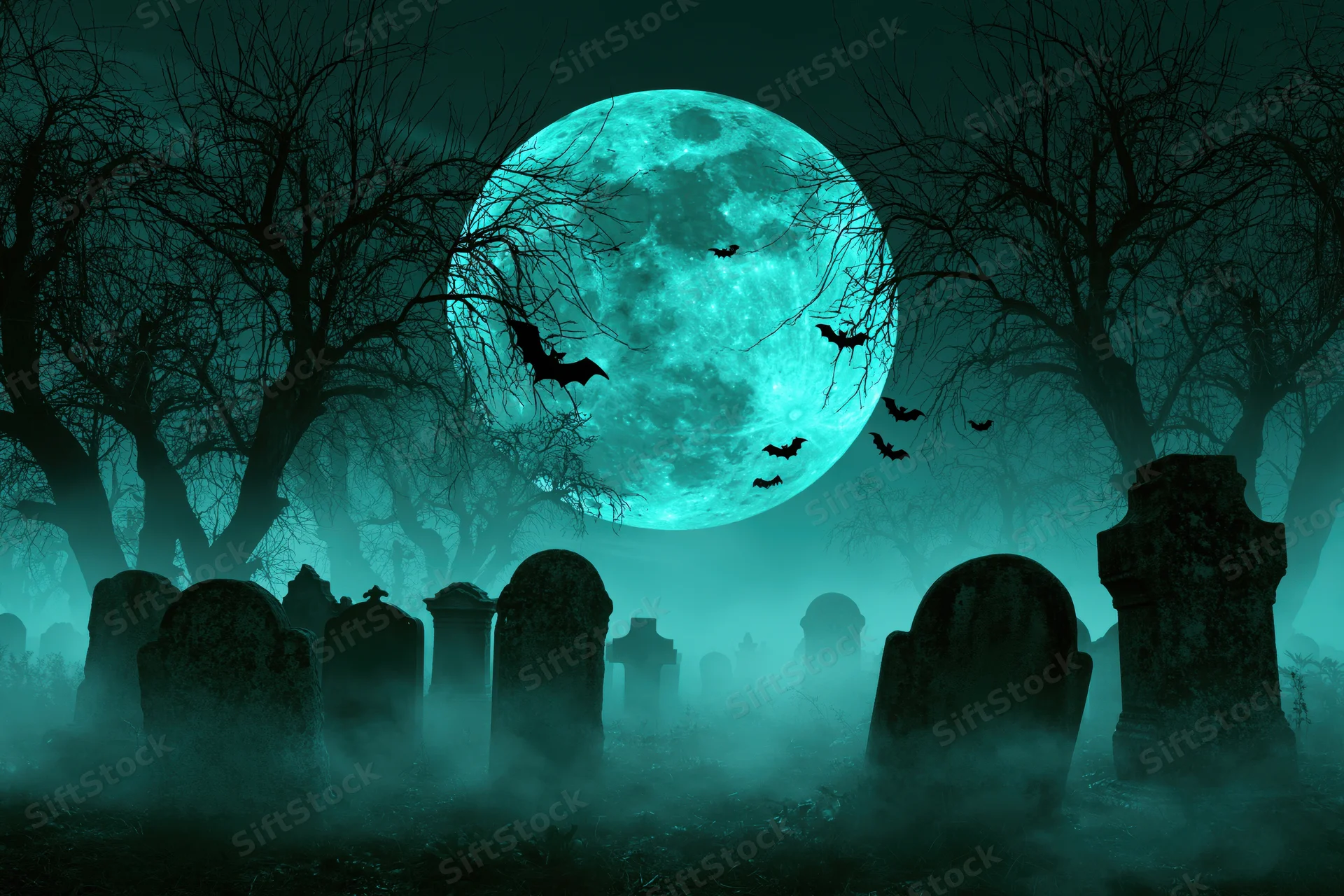 Old cemetery at night with weathered headstones and bare trees under a glowing teal full moon, bats flying through foggy air