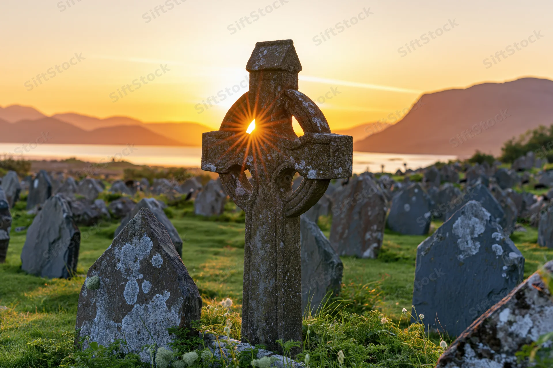 Ancient celtic cross gravestone in a scottish highland cemetery at sunset