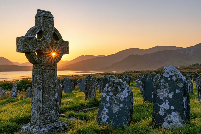 Ancient celtic cross gravestone in a scottish highland cemetery at sunset with mountains and loch in the background