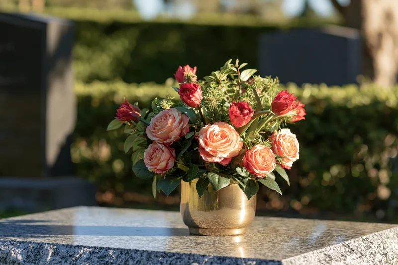 Artificial roses in a gold vase on a granite tombstone in a cemetery