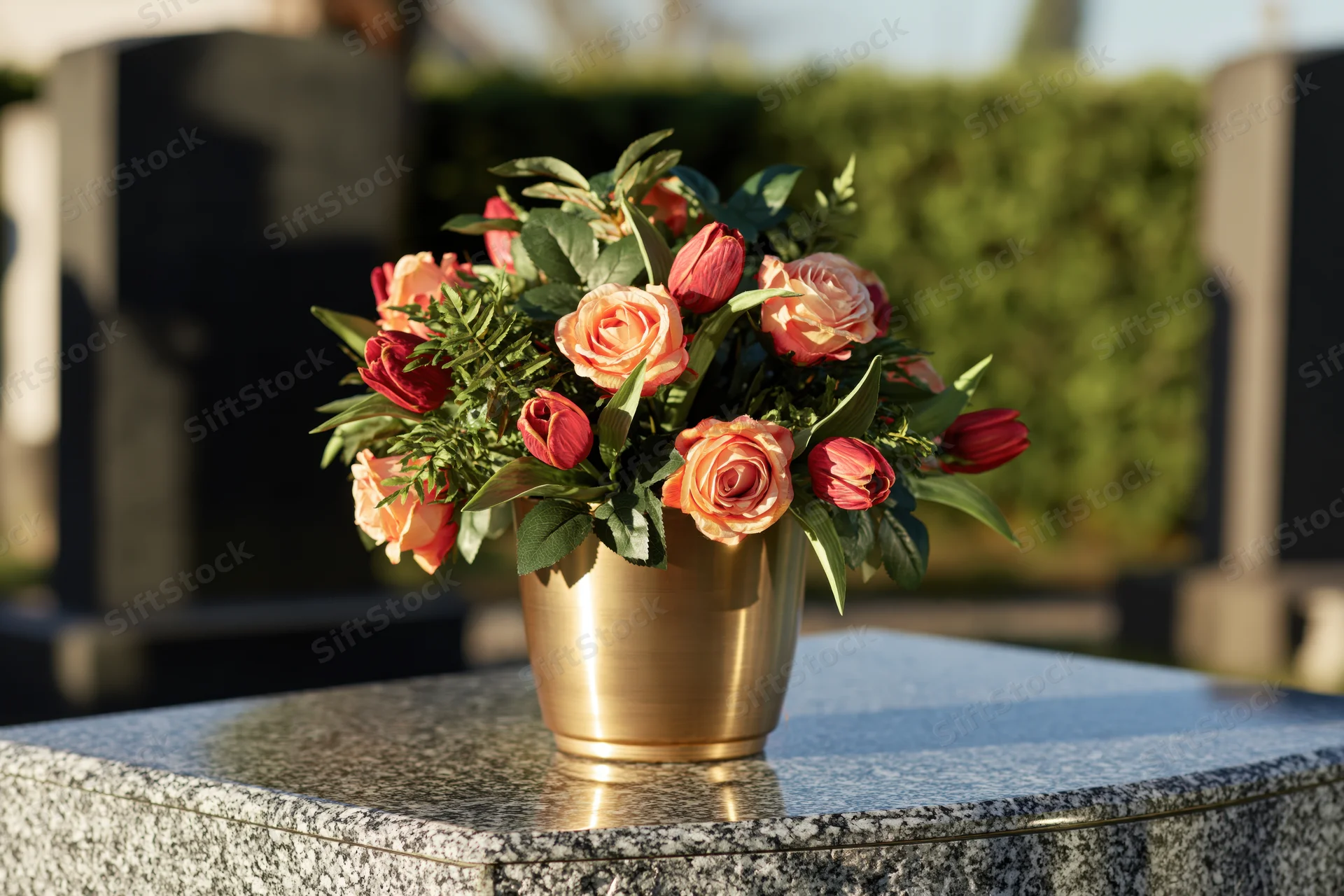 Artificial flower bouquet in gold pot on granite gravestone in cemetery
