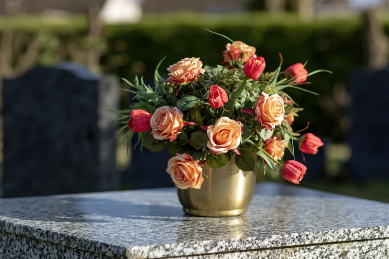 Floral arrangement of roses and tulips in a gold vase on a granite tombstone in a cemetery