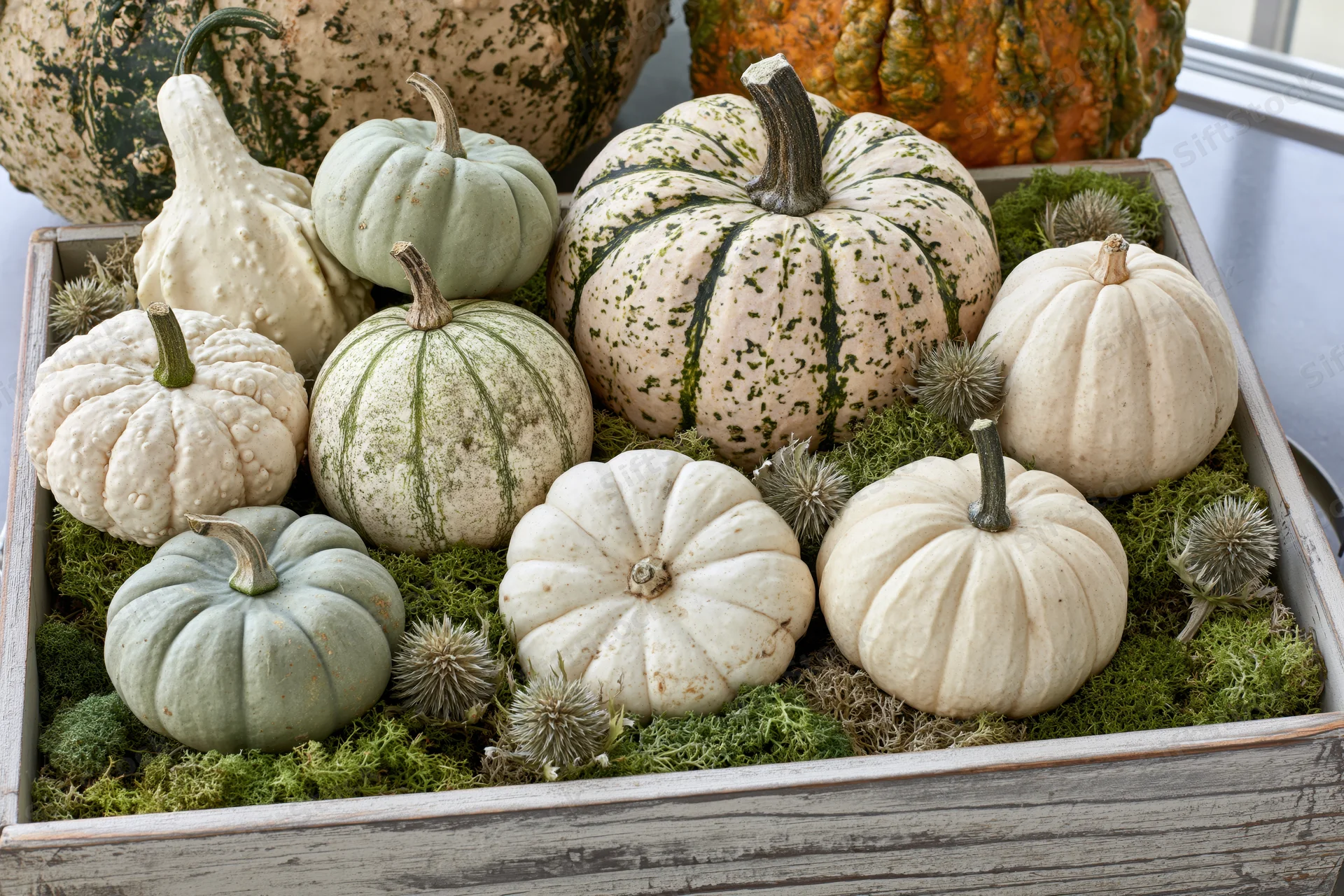 Assorted pumpkins and gourds arranged in a wooden tray with moss on a windowsill