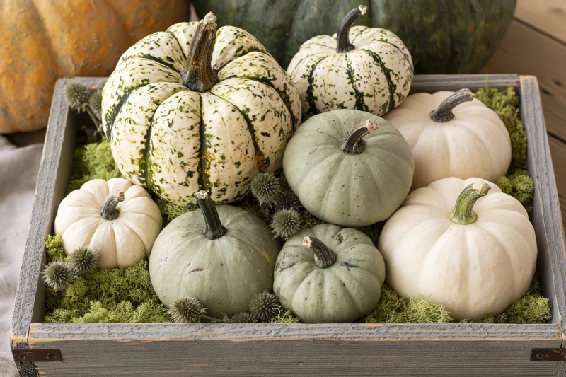 Assorted pumpkins and gourds arranged in a wooden crate with moss for autumn decoration