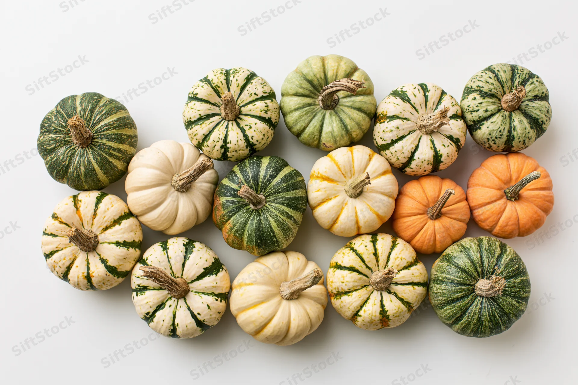 Assorted small pumpkins and gourds arranged in a flat lay on white background