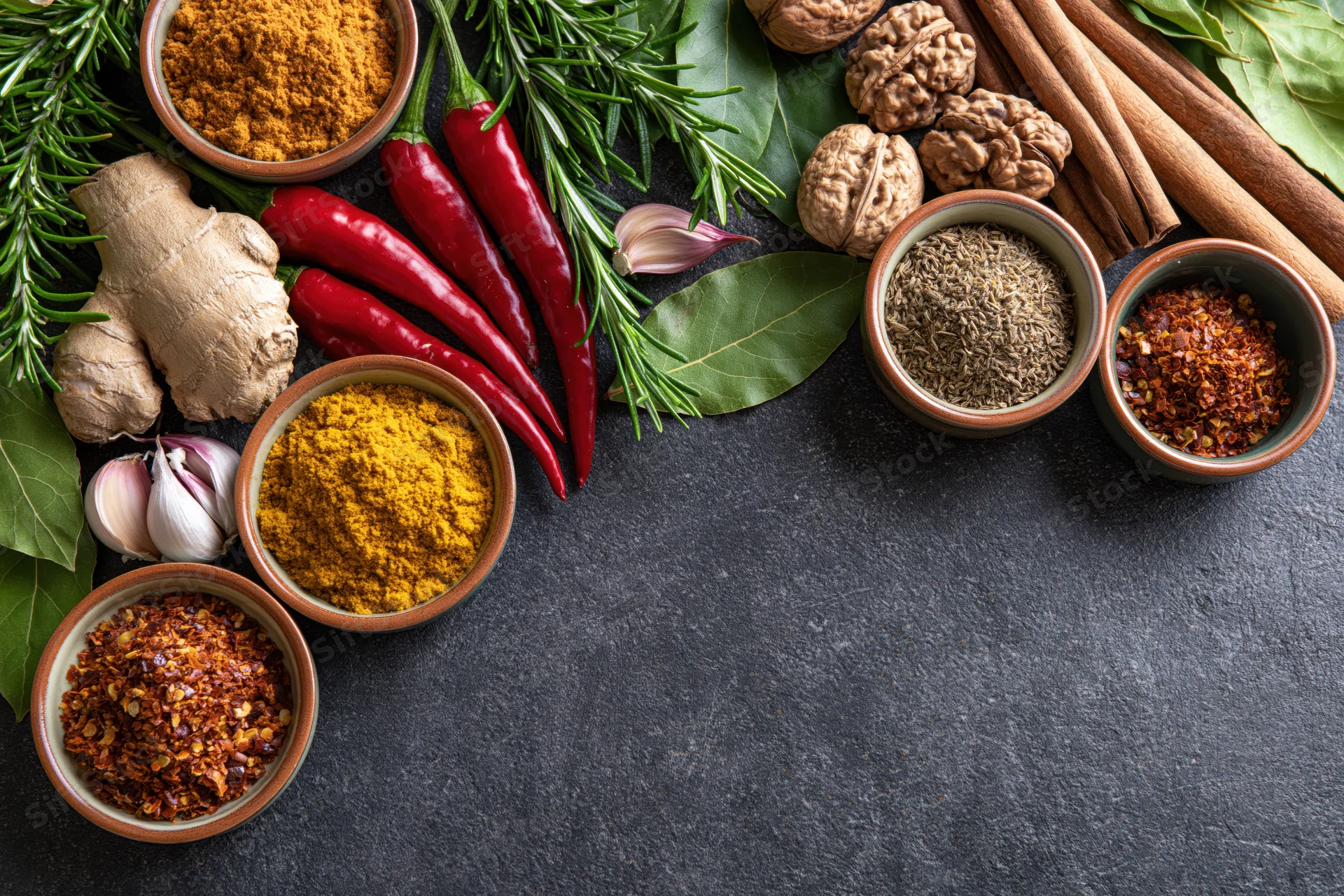 Assorted spices and herbs arranged in bowls and clusters on a dark slate surface with copyspace