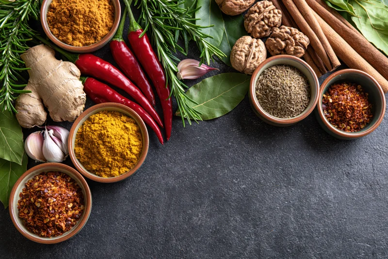 Assorted spices and herbs arranged in bowls and clusters on a dark slate surface with copyspace