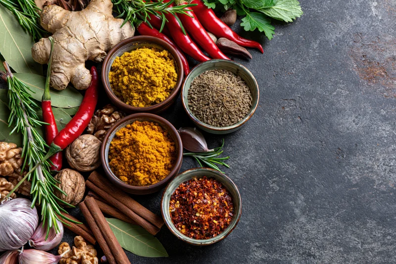 Assorted spices and herbs arranged on dark surface with copyspace