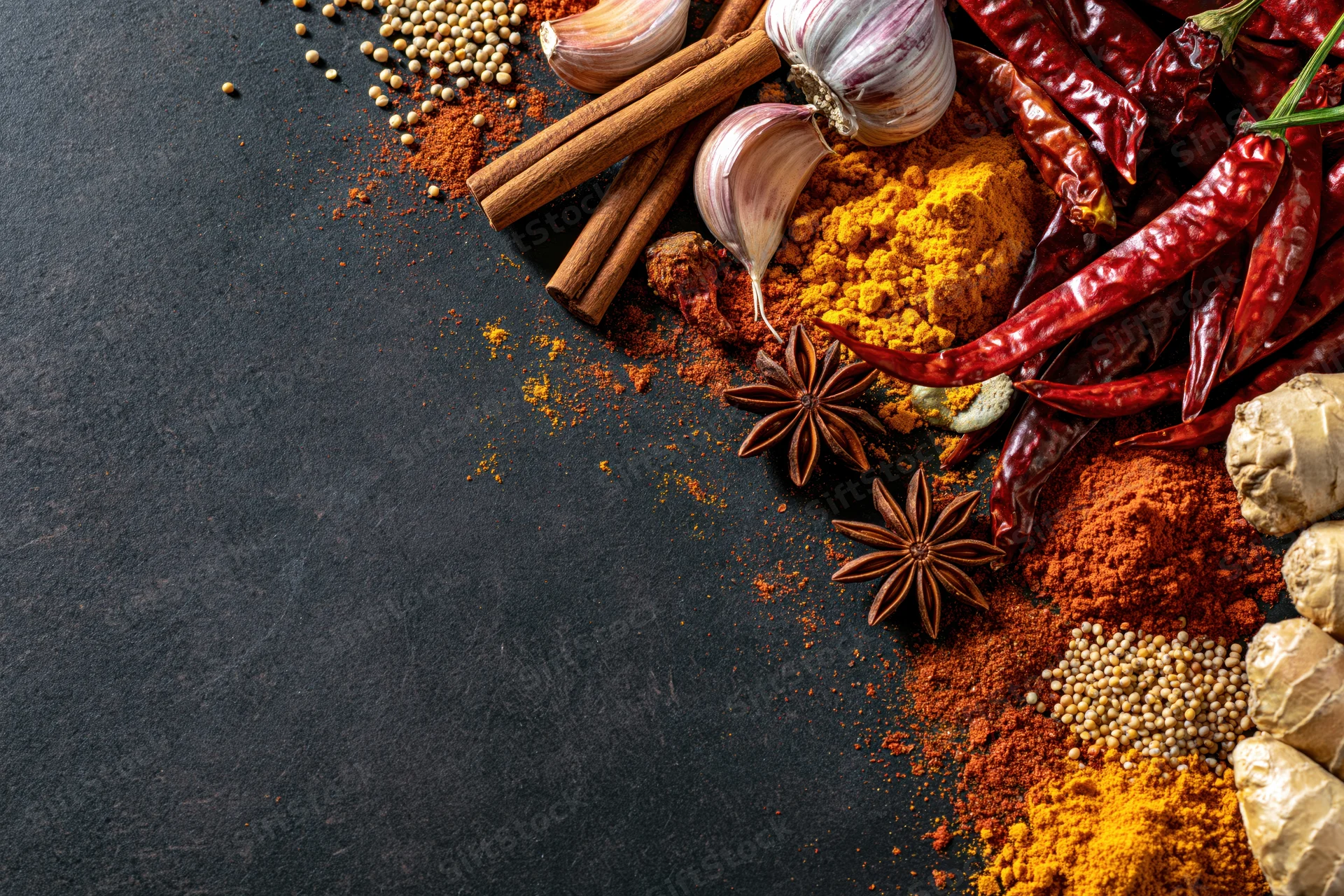 Assorted whole and ground spices arranged along the right side of a dark slate surface with copyspace on the left
