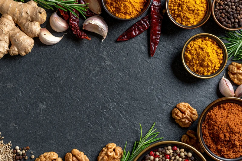 Assorted whole and ground spices arranged along the top and bottom edges of a dark slate surface with copyspace in the center