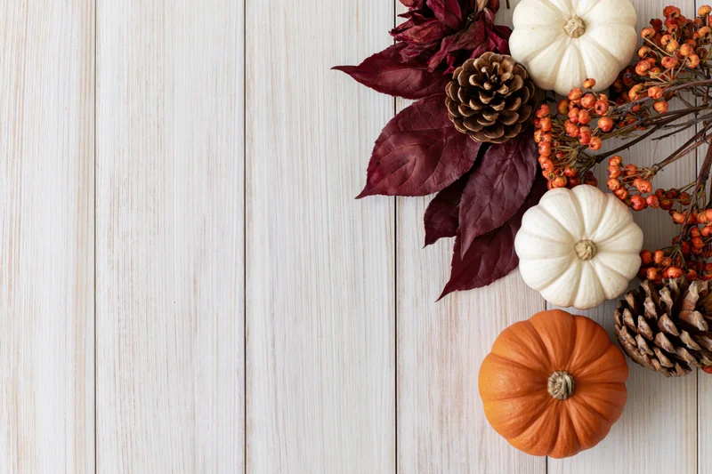 Autumn flat lay arrangement with pumpkins, pinecones, berries and leaves on a wooden table in the bottom right corner