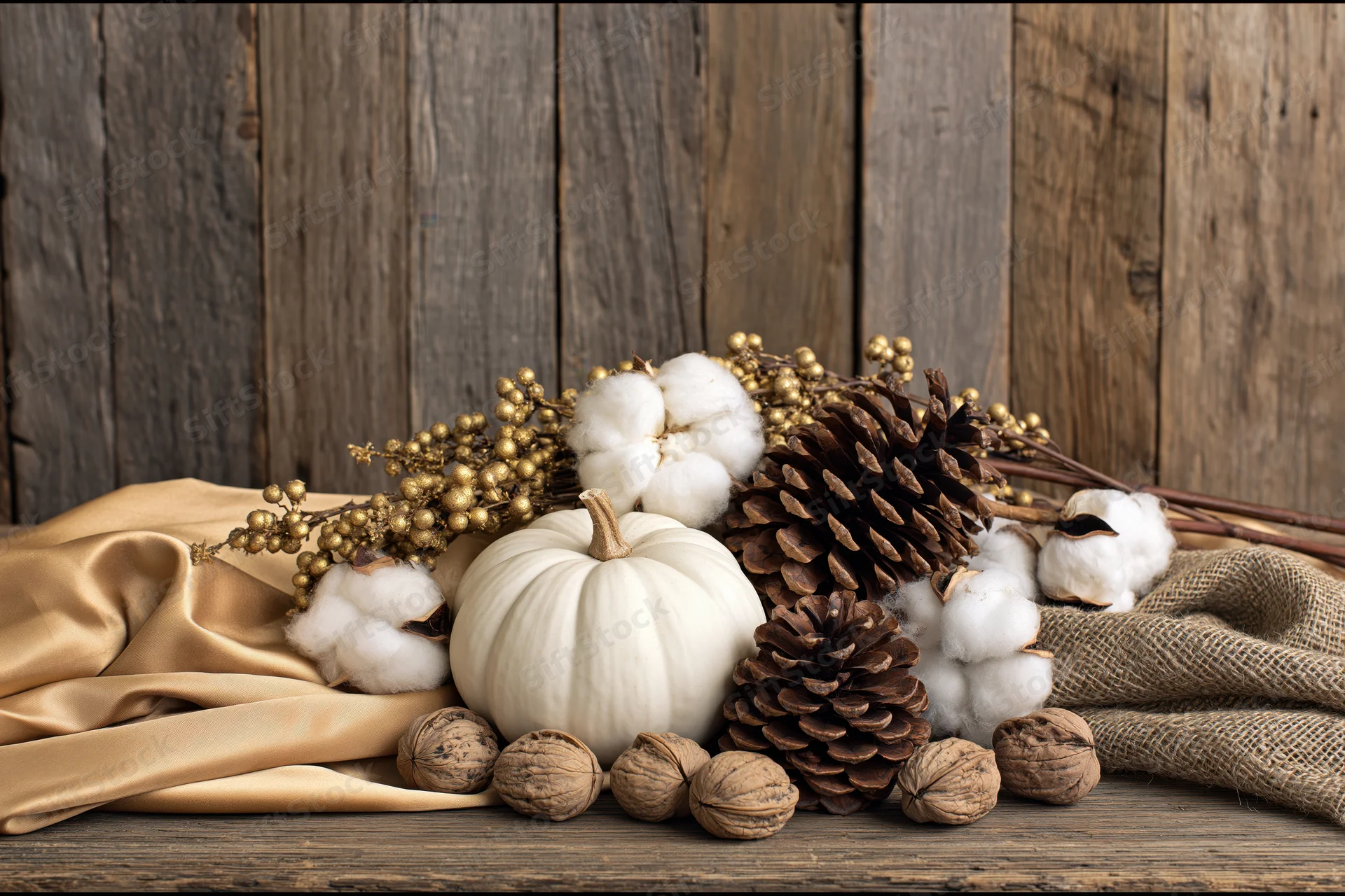 Autumn still life with white pumpkin, pinecones, cotton, walnuts and fabric on wooden surface