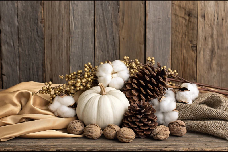 Autumn still life with white pumpkin, pinecones, cotton, walnuts and fabric on wooden surface