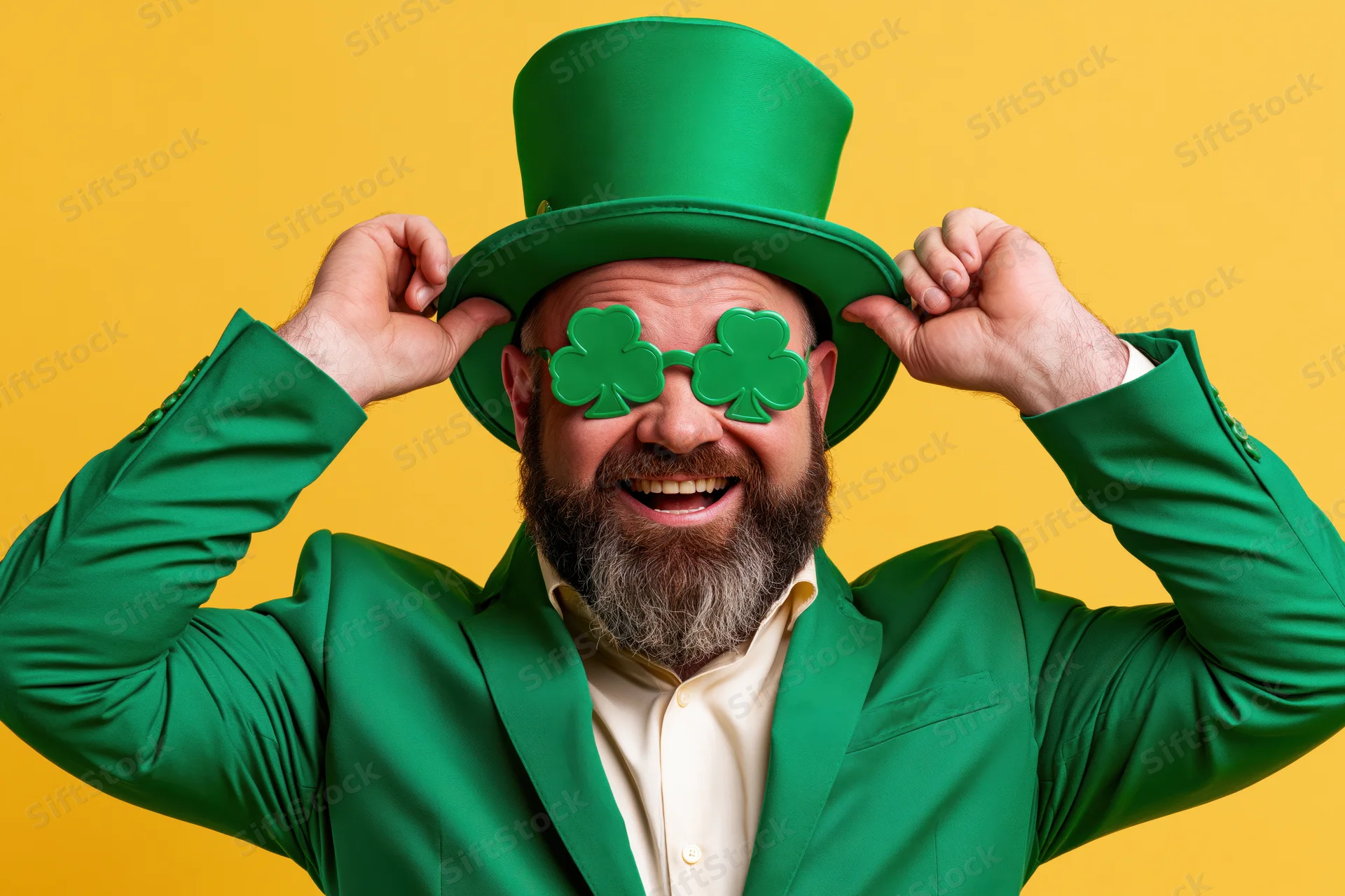 Bearded man in green suit and top hat adjusting shamrock sunglasses against yellow background