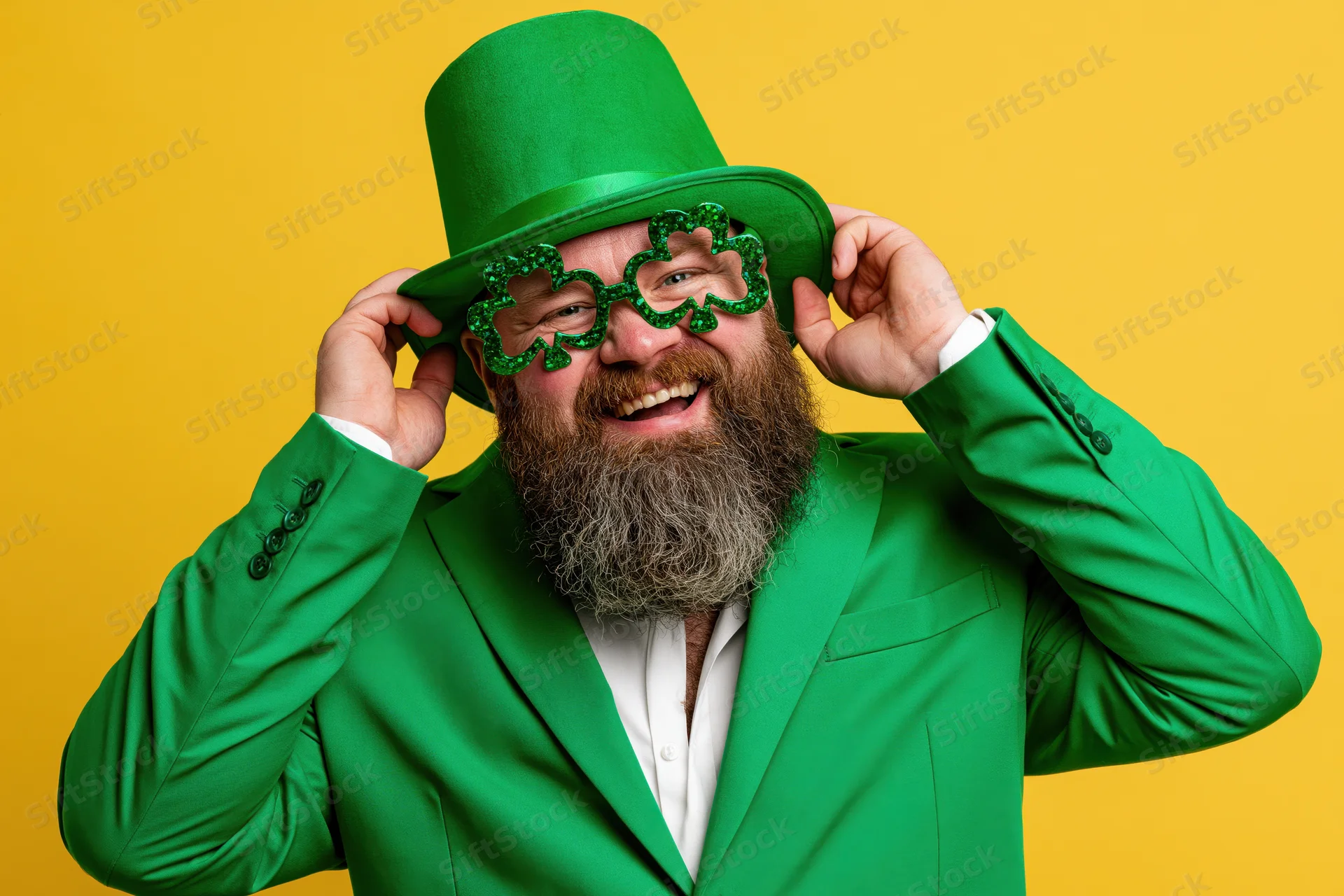 Bearded man in green suit and hat adjusting shamrock glasses against yellow background