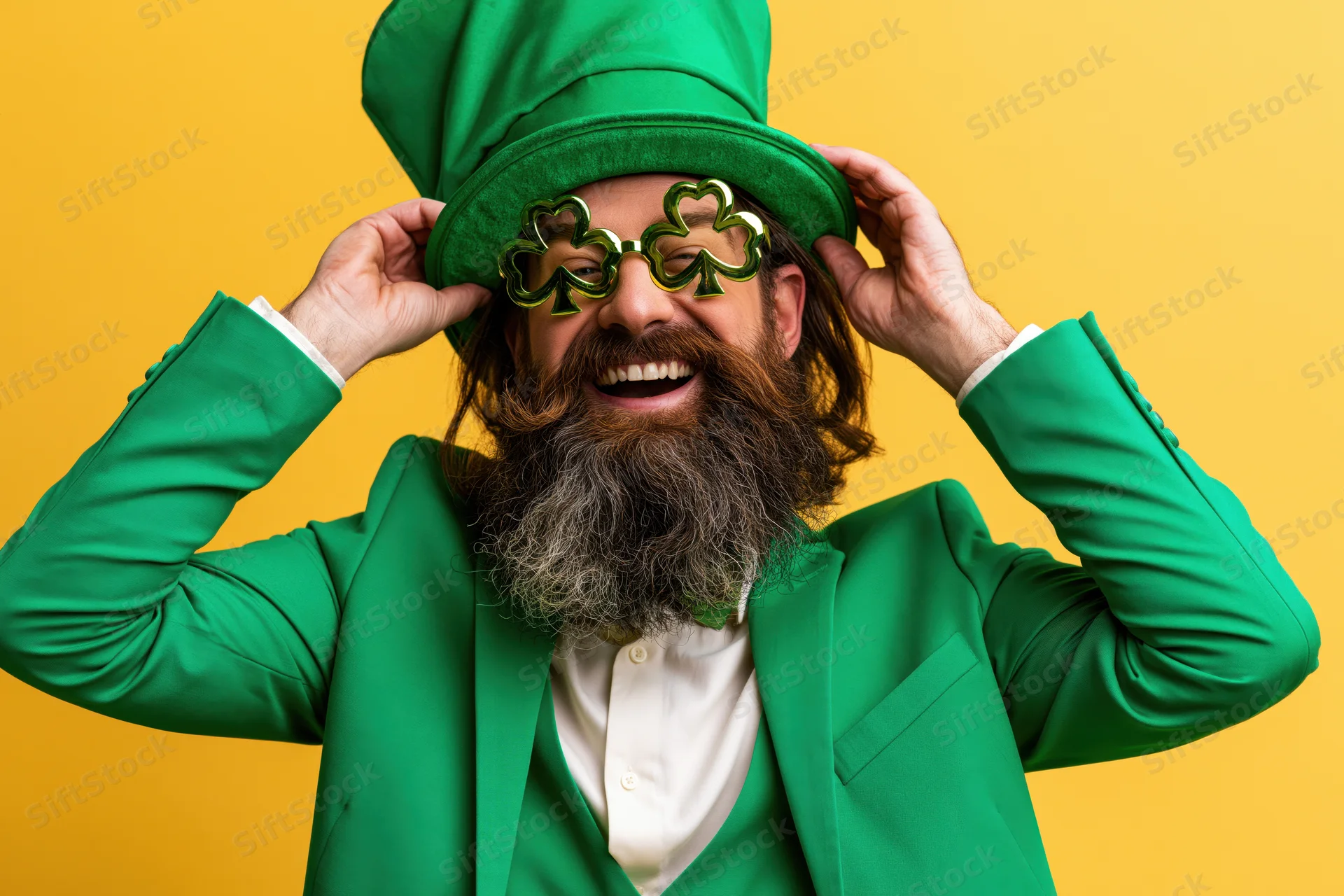 Bearded man in green suit and hat adjusting clover glasses against yellow background