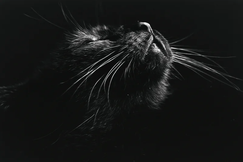 Black cat in profile gazing upward with whiskers and fur in shadowed closeup