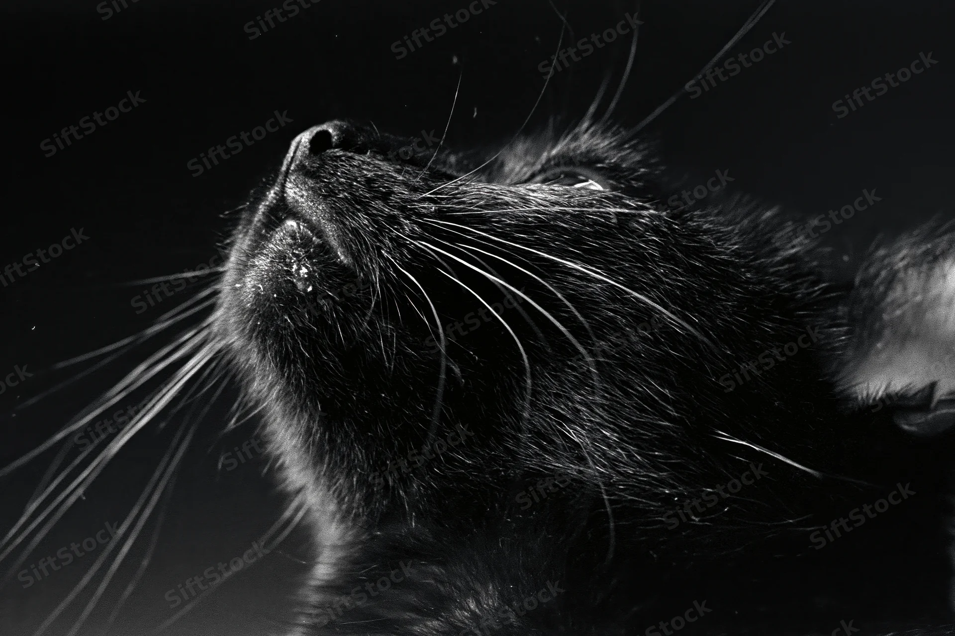 Black cat gazing upward in profile closeup against dark background