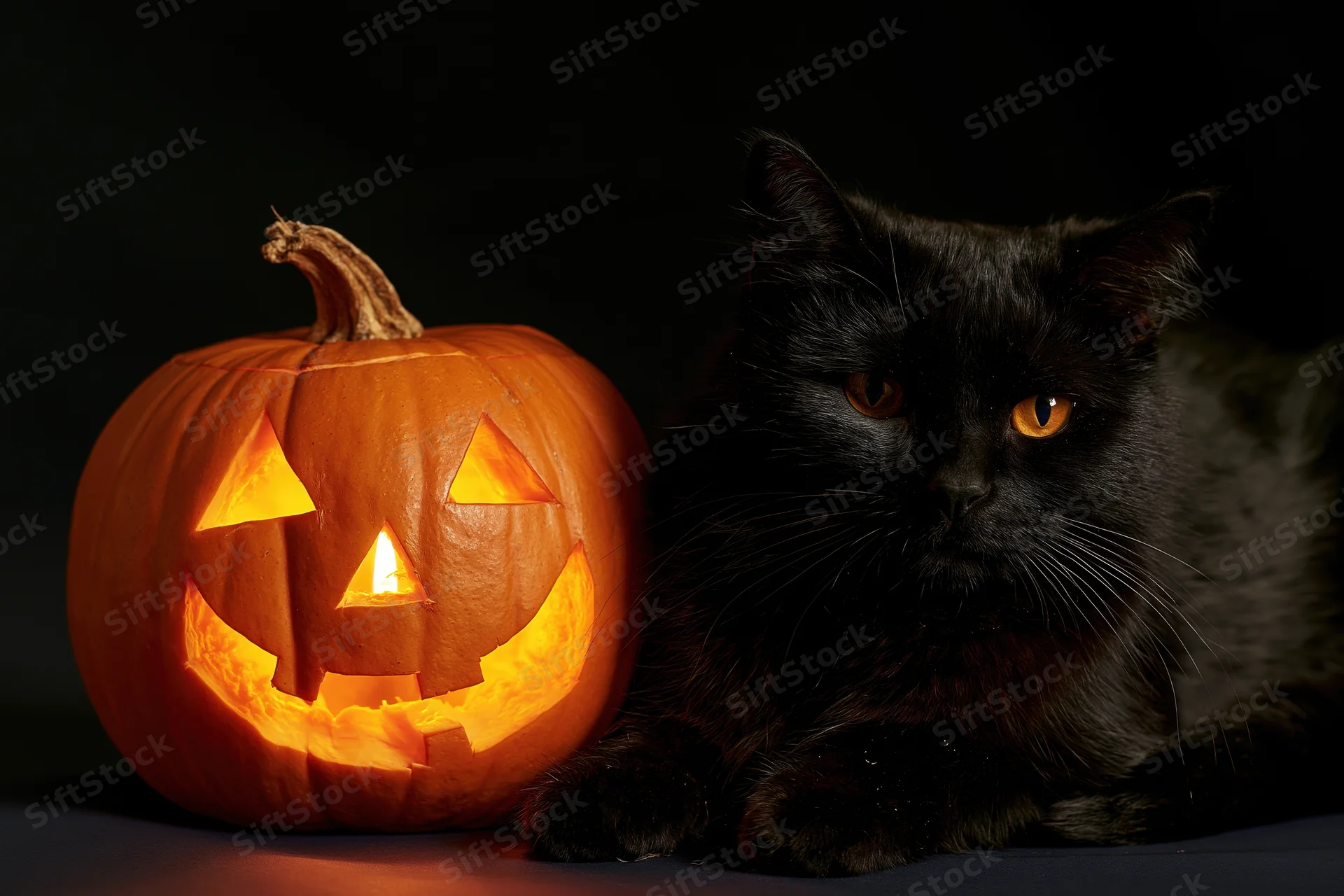 Black cat resting beside a carved jack-o-lantern with glowing eyes in a dark setting