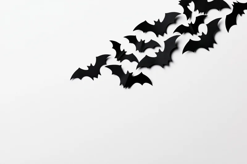 Black paper bat cutouts arranged diagonally on white background