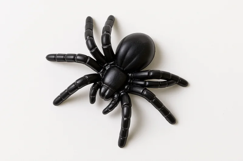 Black plastic toy spider lying flat on a white surface