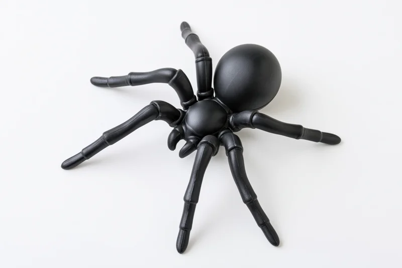 Black plastic toy spider figurine isolated on white background