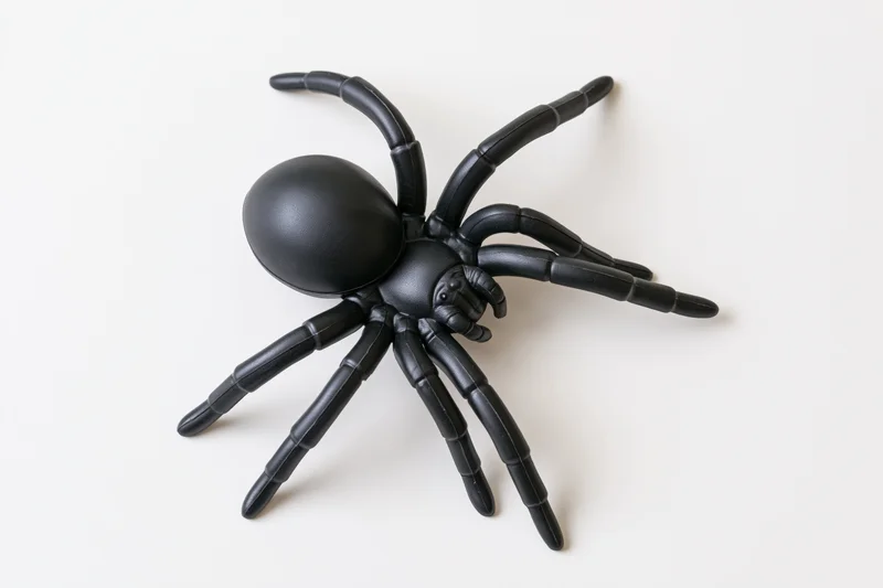 Black plastic toy spider figurine isolated on white background