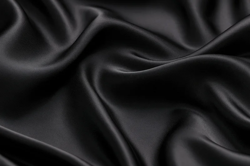 Black silk fabric draped in flowing folds filling the frame