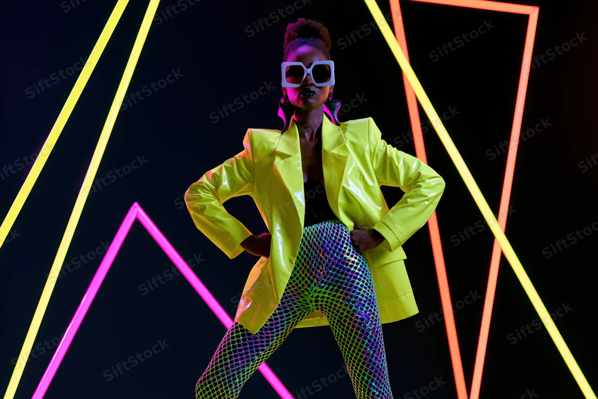 Black woman in power pose wearing neon yellow jacket and mesh leggings against glowing geometric lights