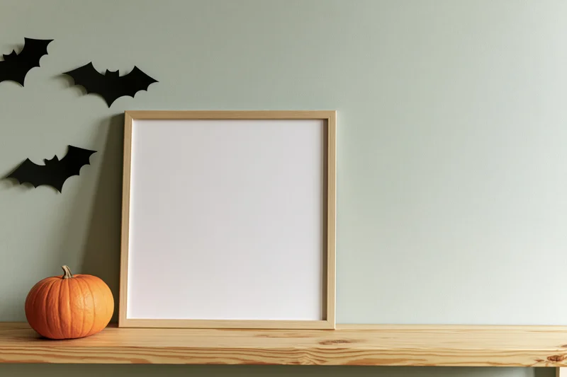 Blank picture frame with halloween decorations on a wooden shelf