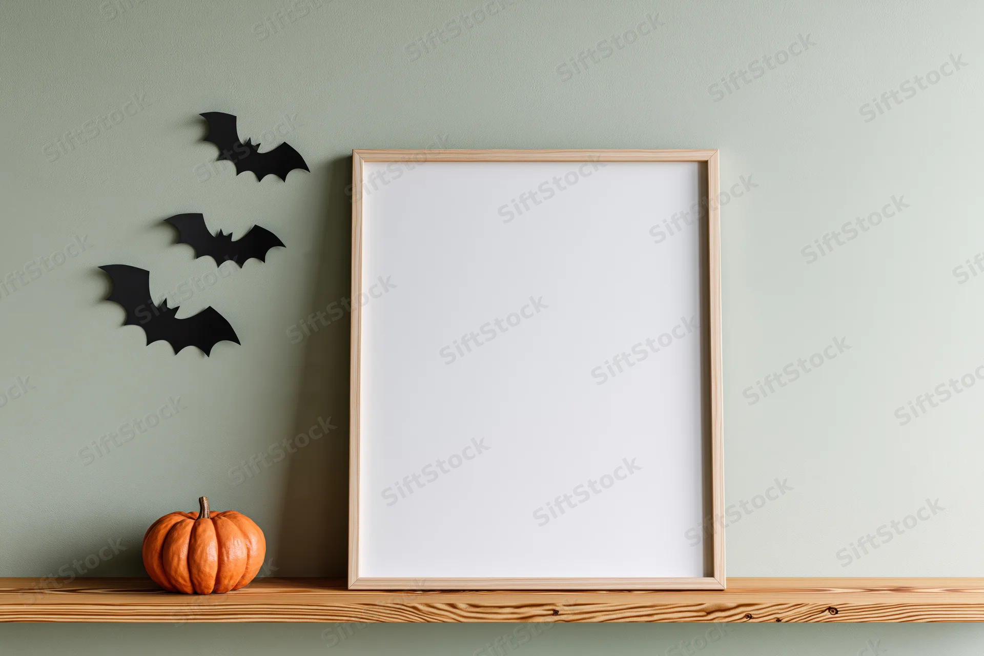 Blank white picture frame with thin light wood border on wooden shelf beside small orange pumpkin and black bat cutouts against green wall