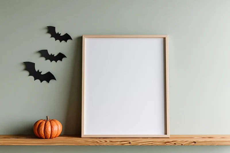 Blank white picture frame with thin light wood border on wooden shelf beside small orange pumpkin and black bat cutouts against green wall