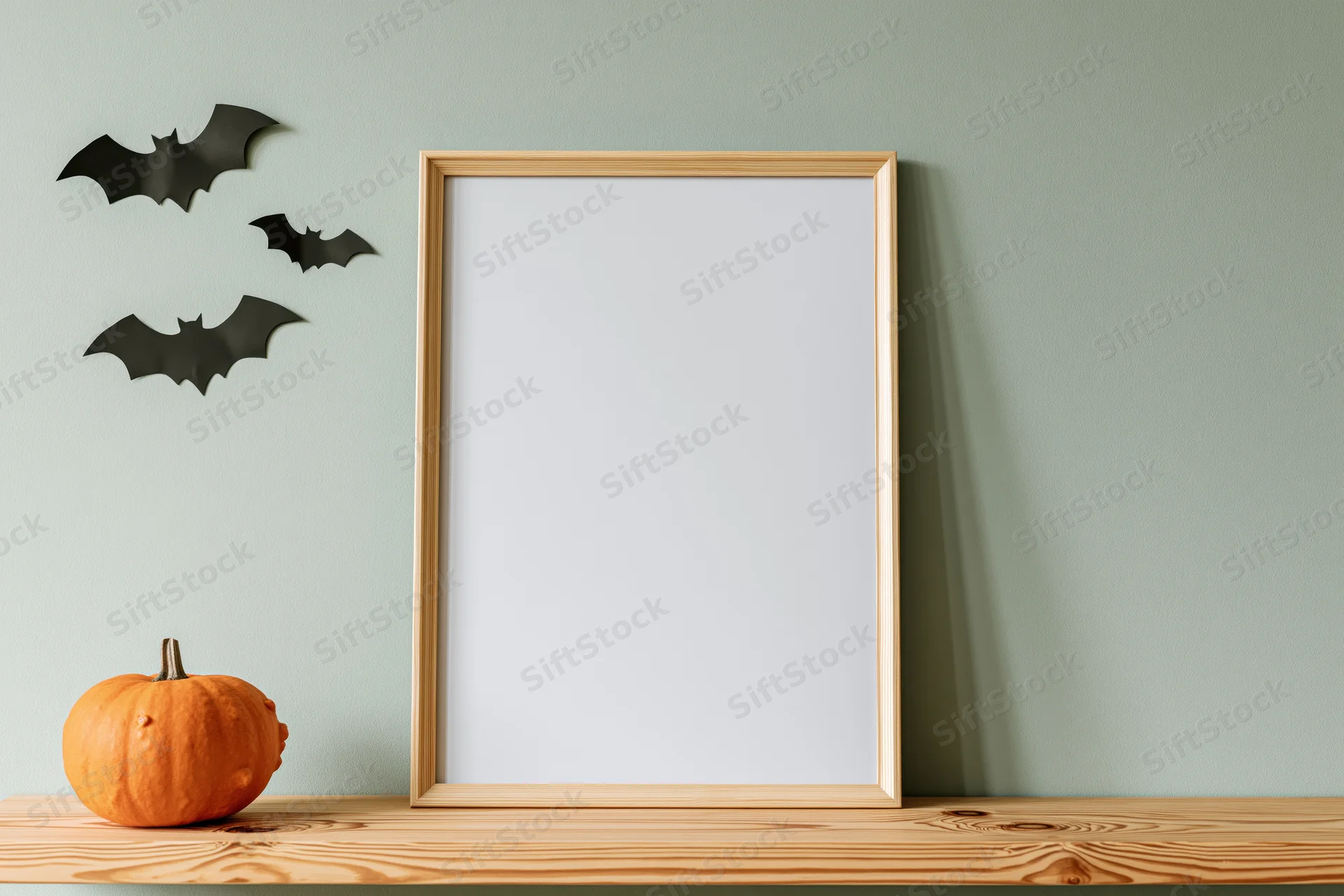 Blank wooden frame on a shelf with halloween decorations including pumpkins and bat cutouts against a green wall