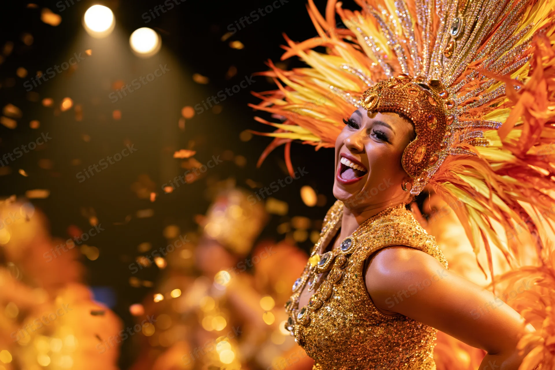Brazilian samba dancer in gold sequined costume and feather headdress laughing on stage during carnival performance