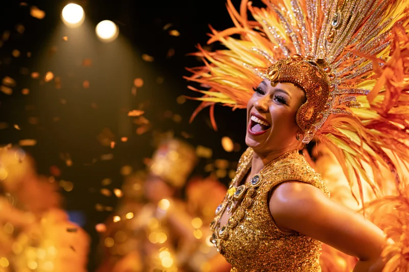 Brazilian samba dancer in gold sequined costume and feather headdress laughing on stage during carnival performance