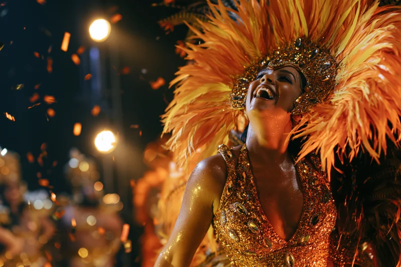 Brazilian samba dancer laughing in gold sequined costume with feather headdress during carnival parade at night