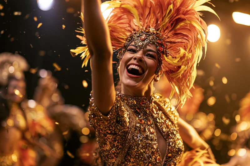 Brazilian samba dancer laughing with arm raised during carnival performance