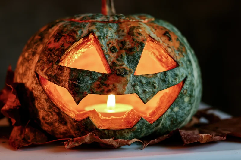 Carved pumpkin with glowing candle inside surrounded by dried leaves