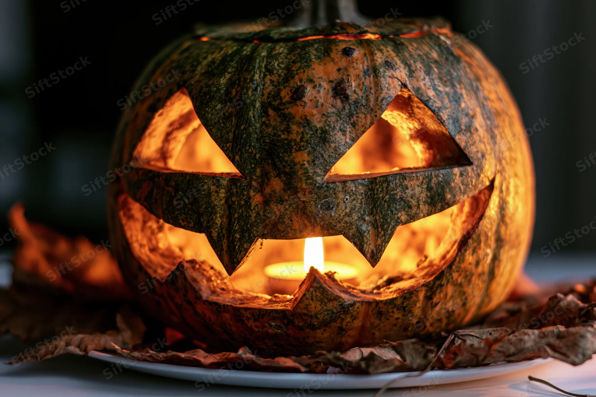 Carved pumpkin with glowing candle inside on a plate surrounded by dried leaves