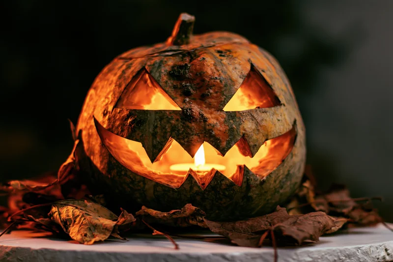 Carved pumpkin with glowing candle inside surrounded by dried leaves on stone surface