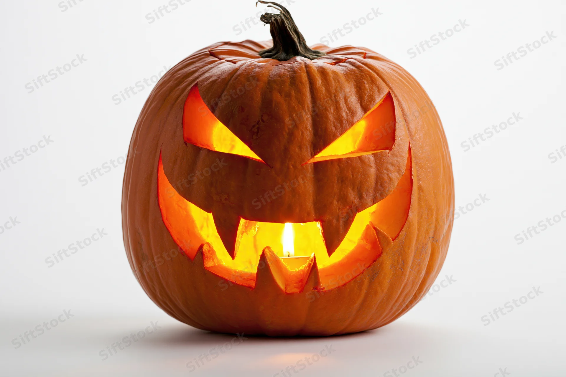 Carved pumpkin with glowing face lit from within on white background