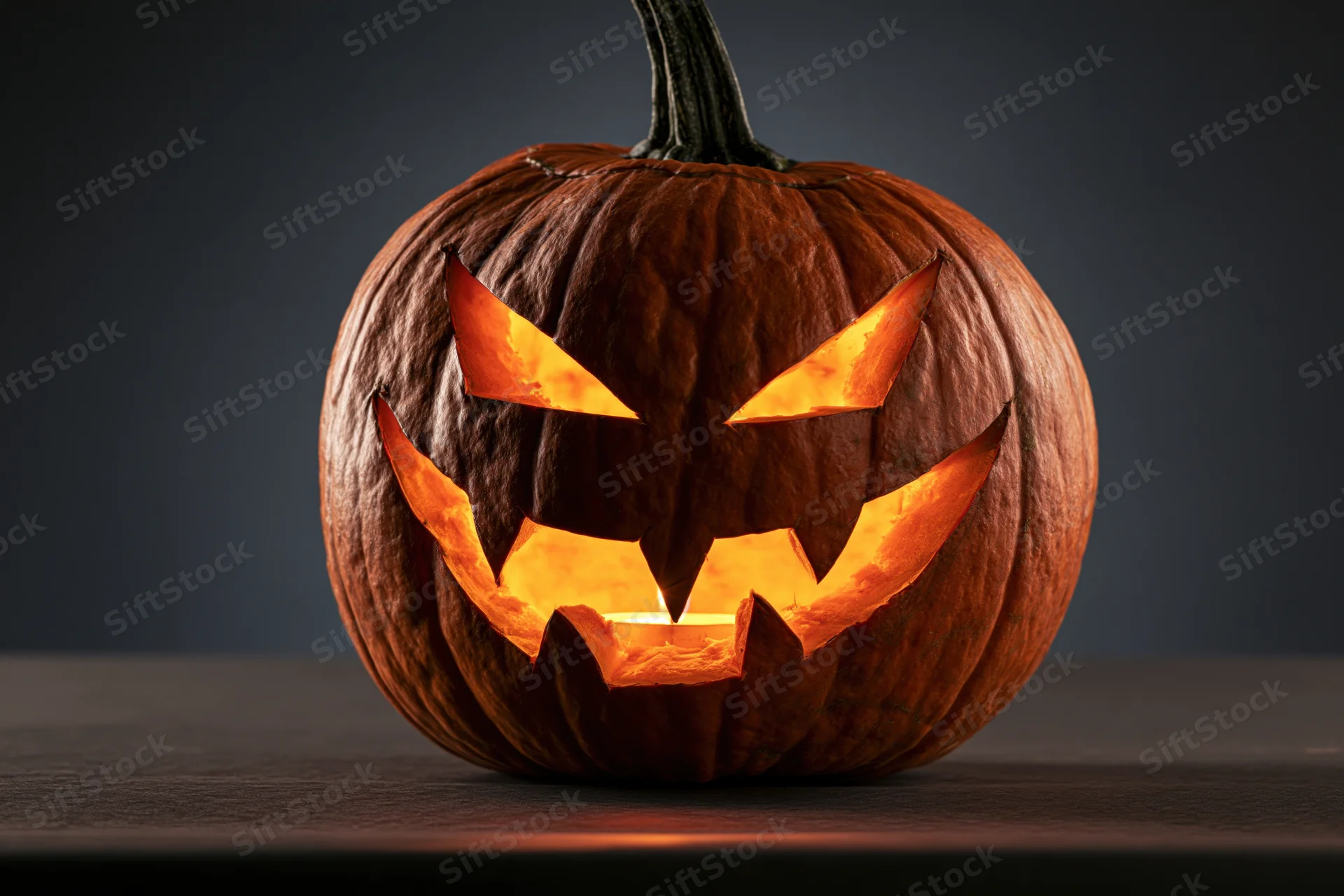 Carved pumpkin with glowing face on dark surface