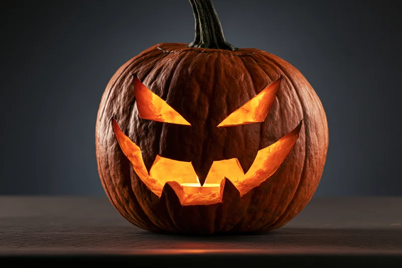 Carved pumpkin with glowing face on dark surface