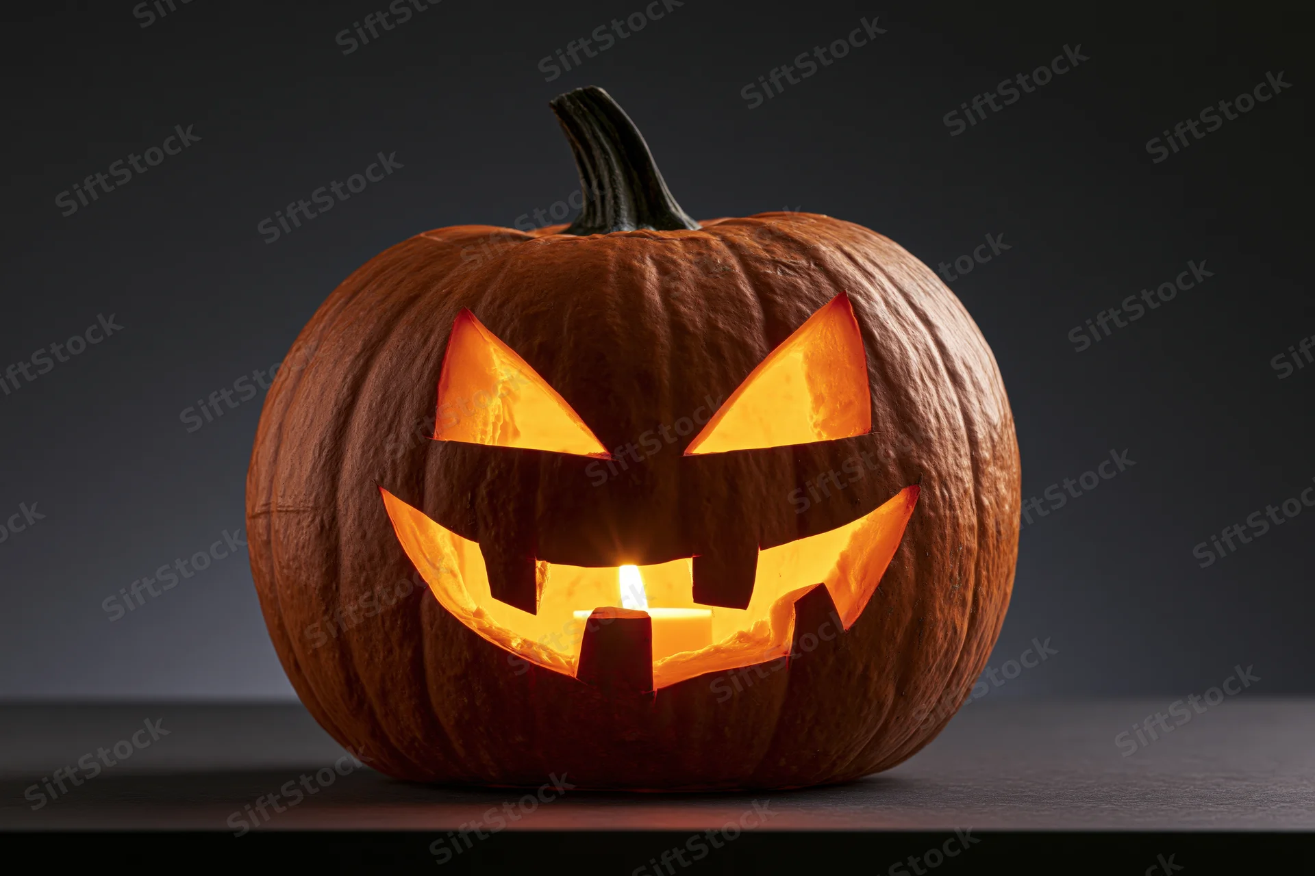 Carved pumpkin with glowing face lit from within on dark surface