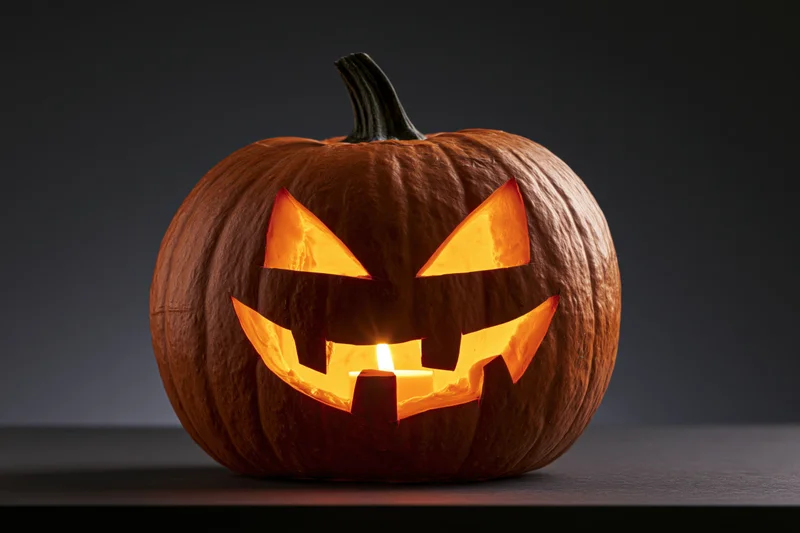 Carved pumpkin with glowing face lit from within on dark surface